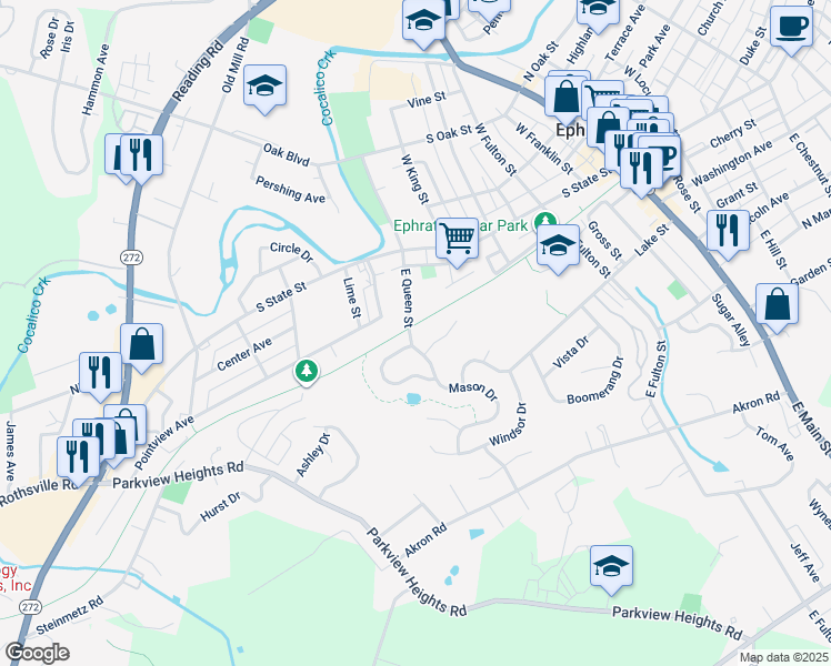 map of restaurants, bars, coffee shops, grocery stores, and more near 124 Mason Drive in Ephrata