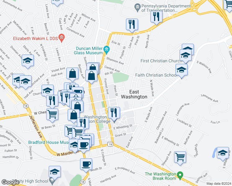 map of restaurants, bars, coffee shops, grocery stores, and more near 136 Penn Street in Washington