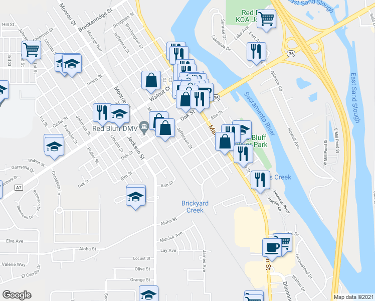 map of restaurants, bars, coffee shops, grocery stores, and more near 520 Sycamore Street in Red Bluff
