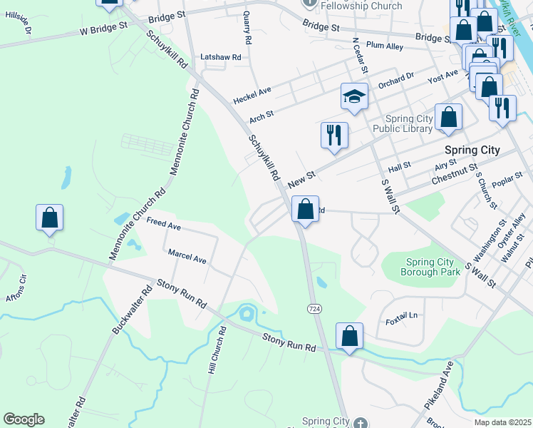 map of restaurants, bars, coffee shops, grocery stores, and more near 857 Buttonwood Avenue in Spring City