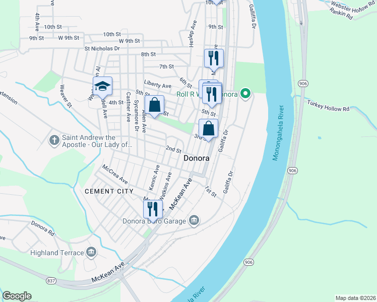 map of restaurants, bars, coffee shops, grocery stores, and more near 206 Thompson Avenue in Donora