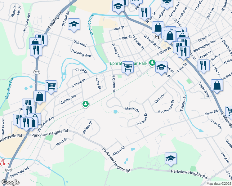 map of restaurants, bars, coffee shops, grocery stores, and more near 124 Mason Drive in Ephrata