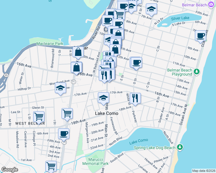 map of restaurants, bars, coffee shops, grocery stores, and more near 612 16th Avenue in Belmar