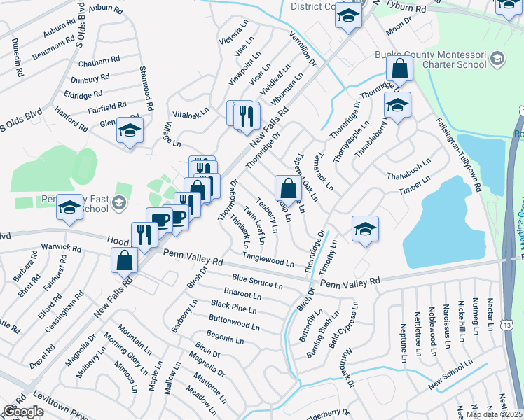 map of restaurants, bars, coffee shops, grocery stores, and more near 49 Teaberry Lane in Levittown