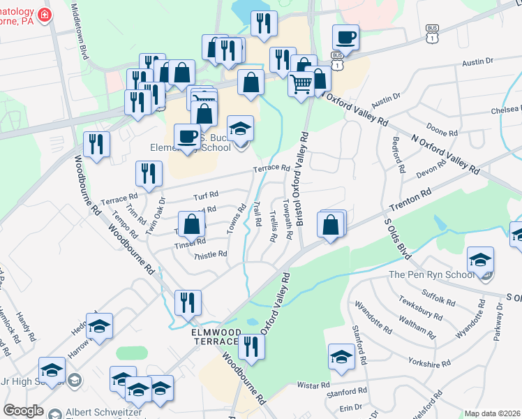 map of restaurants, bars, coffee shops, grocery stores, and more near 67 Towns Road in Levittown