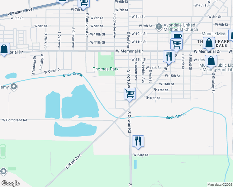 map of restaurants, bars, coffee shops, grocery stores, and more near 2300 South Rochester Avenue in Muncie