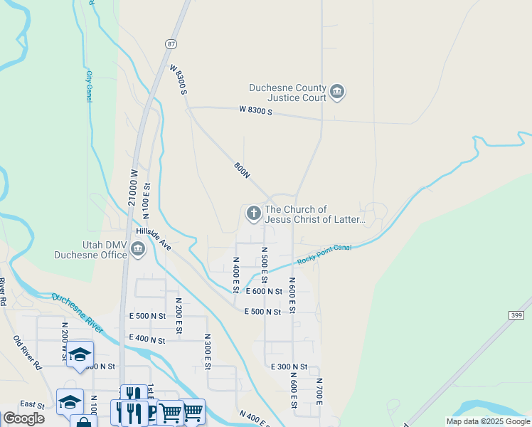 map of restaurants, bars, coffee shops, grocery stores, and more near 920 North 500 East Street in Duchesne
