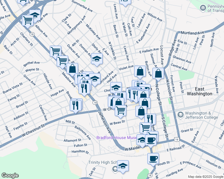 map of restaurants, bars, coffee shops, grocery stores, and more near 121 Church Street in Washington