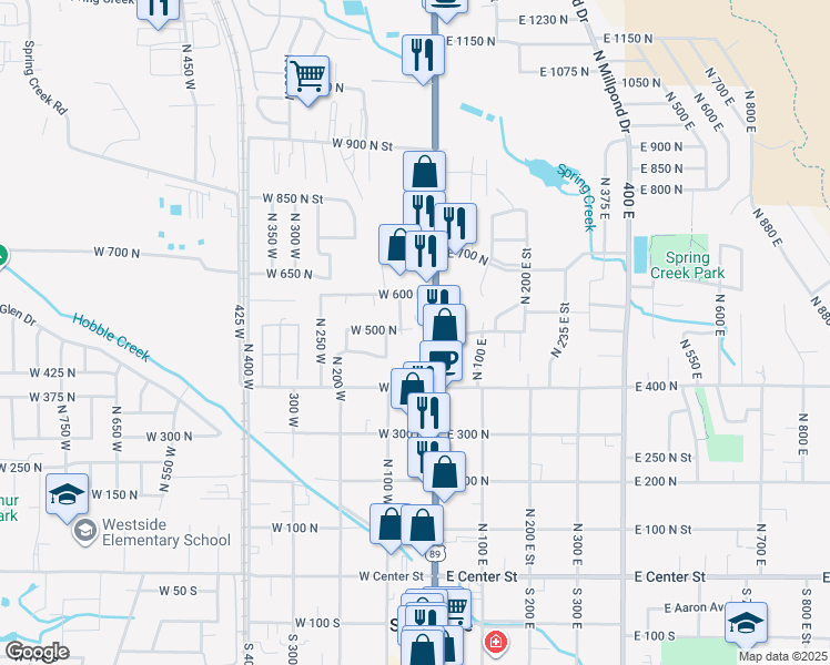 map of restaurants, bars, coffee shops, grocery stores, and more near 555 75 West in Springville