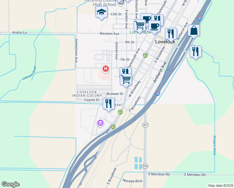 map of restaurants, bars, coffee shops, grocery stores, and more near 450 Sierra Place in Lovelock