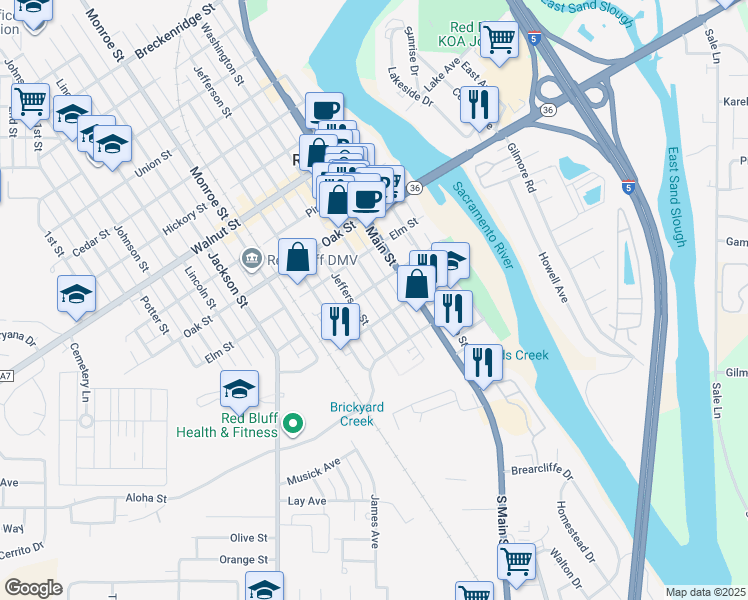 map of restaurants, bars, coffee shops, grocery stores, and more near 352-398 Sycamore St in Red Bluff