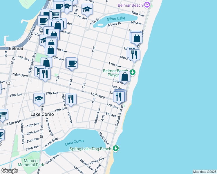 map of restaurants, bars, coffee shops, grocery stores, and more near 205 13th Avenue in Belmar
