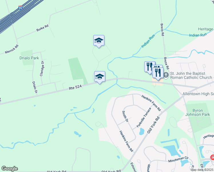 map of restaurants, bars, coffee shops, grocery stores, and more near 1258 Route 524 in Allentown