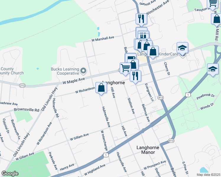 map of restaurants, bars, coffee shops, grocery stores, and more near 207 West Richardson Avenue in Langhorne