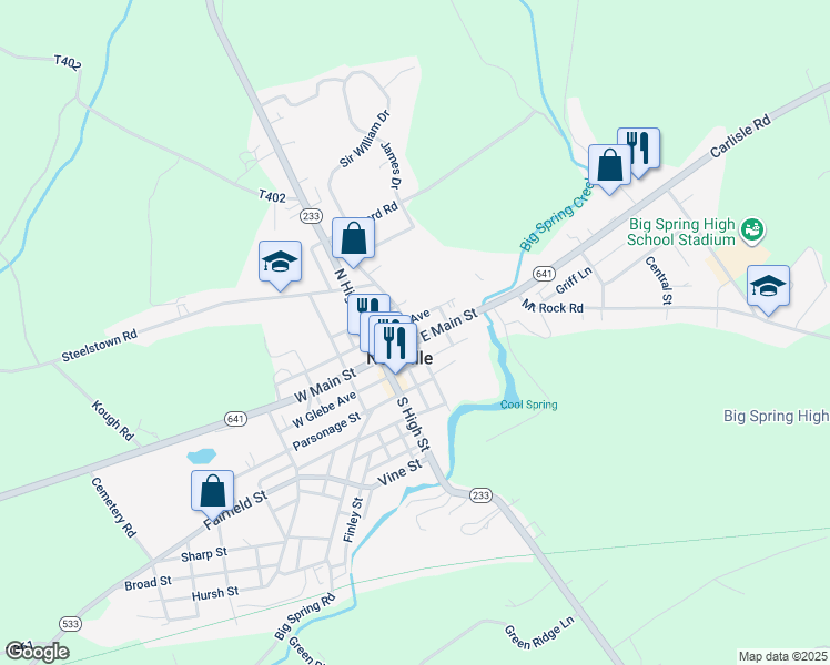 map of restaurants, bars, coffee shops, grocery stores, and more near 14 North Corporation Street in Newville
