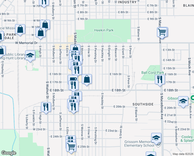 map of restaurants, bars, coffee shops, grocery stores, and more near 2215 South Pershing Drive in Muncie