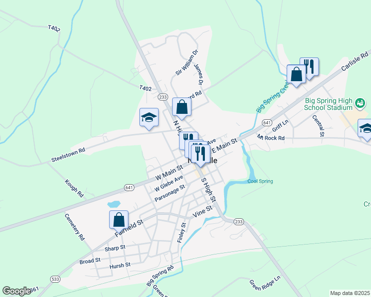 map of restaurants, bars, coffee shops, grocery stores, and more near 20 North High Street in Newville