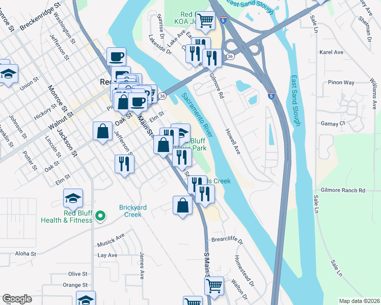 map of restaurants, bars, coffee shops, grocery stores, and more near 489 River Park Way in Red Bluff