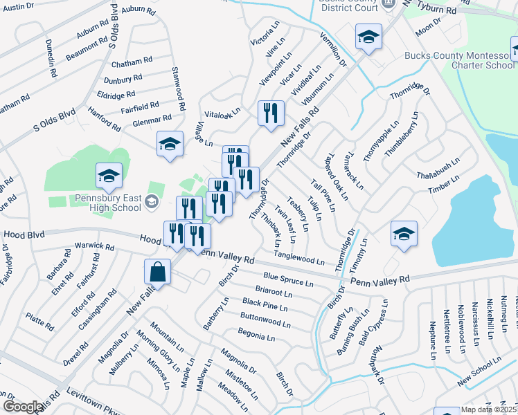 map of restaurants, bars, coffee shops, grocery stores, and more near 430 Thornridge Drive in Levittown