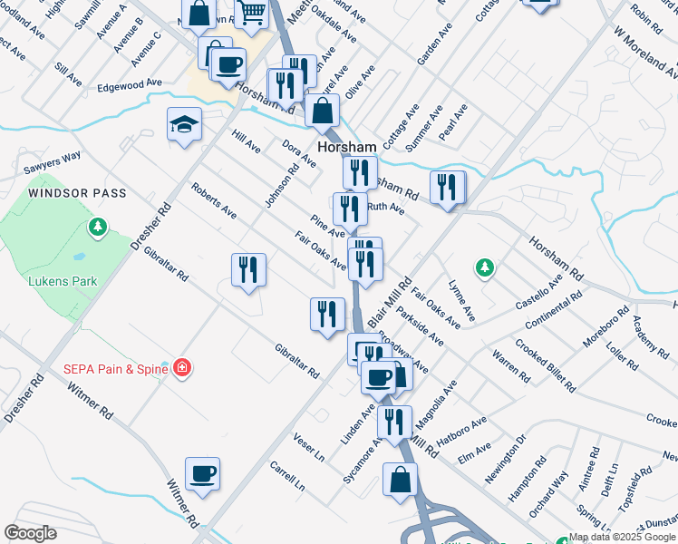 map of restaurants, bars, coffee shops, grocery stores, and more near 125 Fair Oaks Avenue in Horsham