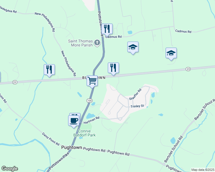 map of restaurants, bars, coffee shops, grocery stores, and more near 186 Bucktown Crossing Road in Pottstown