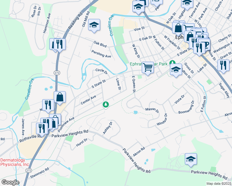 map of restaurants, bars, coffee shops, grocery stores, and more near 615 Pointview Avenue in Ephrata