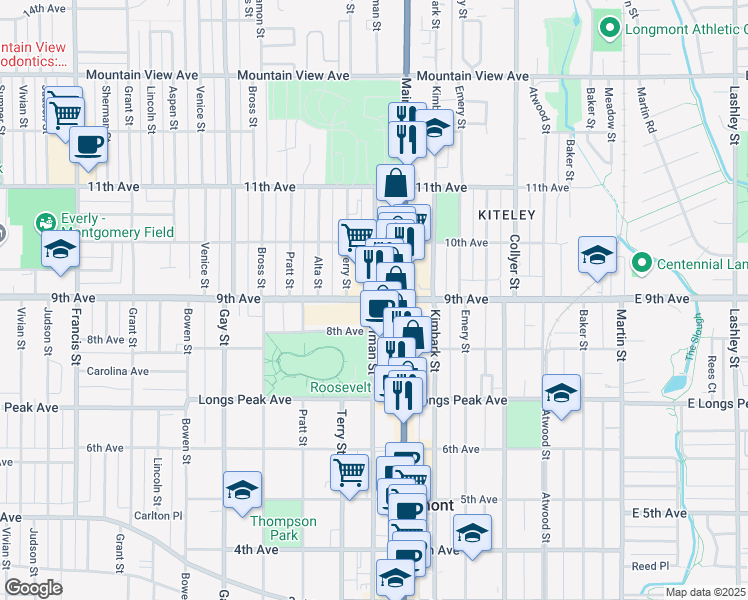 map of restaurants, bars, coffee shops, grocery stores, and more near West 9th Avenue & Coffman Street in Longmont