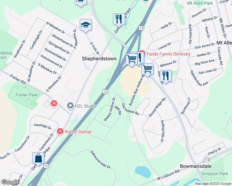map of restaurants, bars, coffee shops, grocery stores, and more near 2103 Old Hollow Road in Mechanicsburg