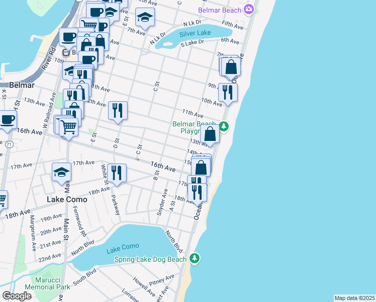 map of restaurants, bars, coffee shops, grocery stores, and more near 205 13th Avenue in Belmar