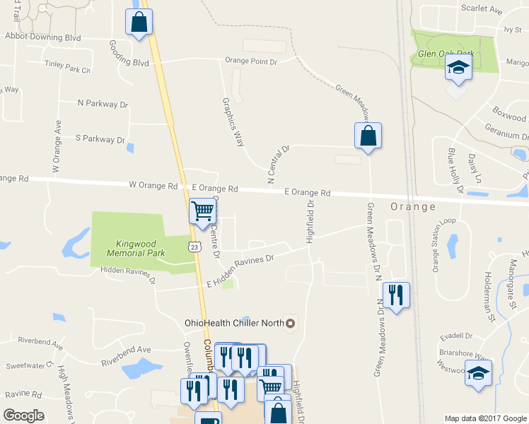 map of restaurants, bars, coffee shops, grocery stores, and more near 388 East Orange Road in Lewis Center