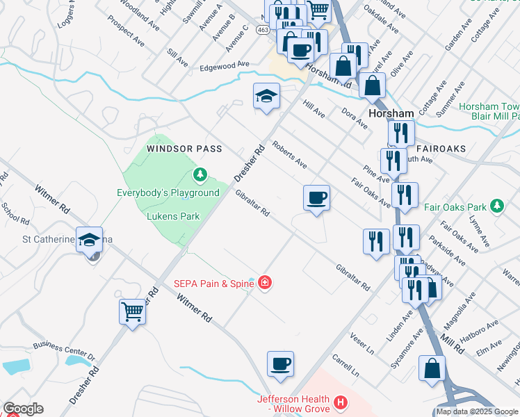 map of restaurants, bars, coffee shops, grocery stores, and more near 240 Gibraltar Road in Horsham