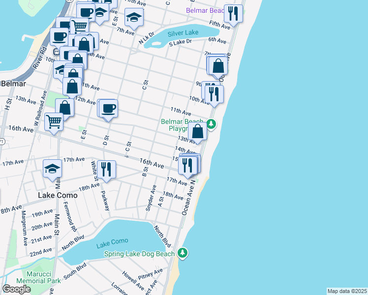 map of restaurants, bars, coffee shops, grocery stores, and more near 114 14th Avenue in Belmar