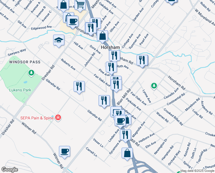 map of restaurants, bars, coffee shops, grocery stores, and more near 125 Fair Oaks Avenue in Horsham