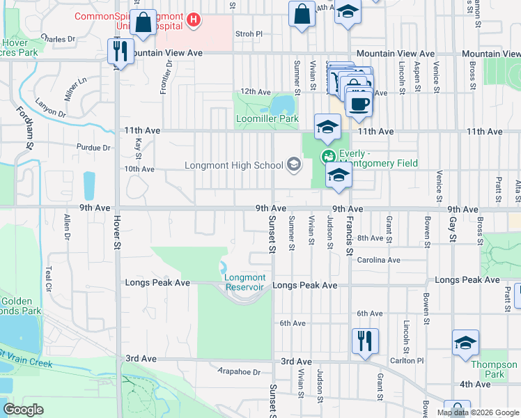map of restaurants, bars, coffee shops, grocery stores, and more near 910 Sunset Street in Longmont