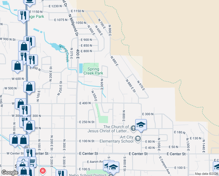 map of restaurants, bars, coffee shops, grocery stores, and more near 616 East 600 North in Springville