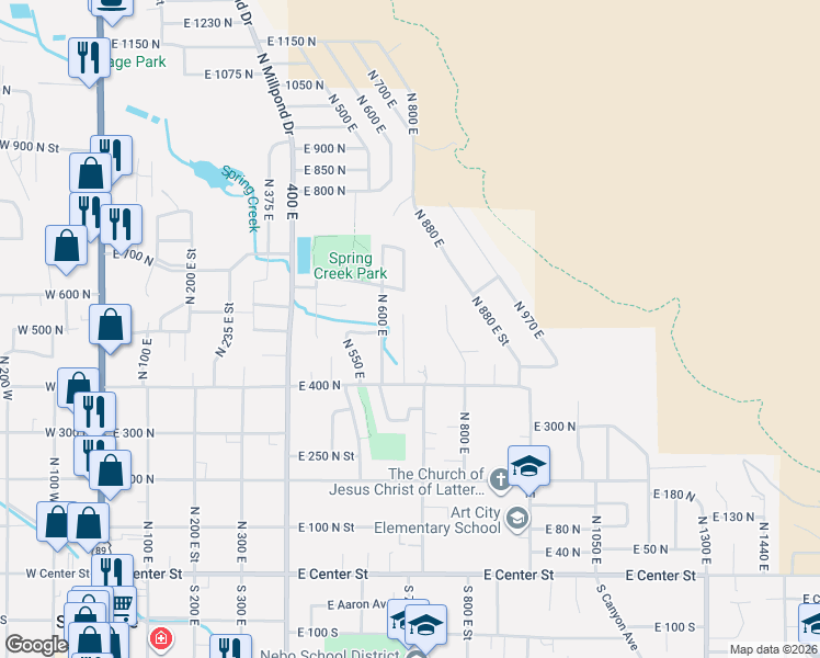 map of restaurants, bars, coffee shops, grocery stores, and more near 616 East 600 North in Springville
