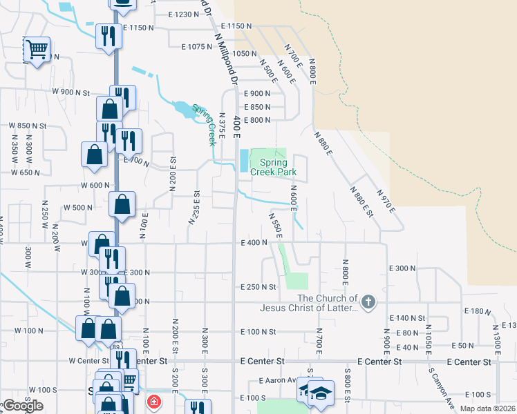 map of restaurants, bars, coffee shops, grocery stores, and more near 492 East 550 North in Springville