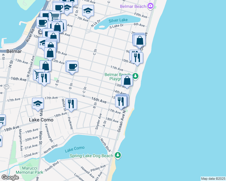 map of restaurants, bars, coffee shops, grocery stores, and more near 205 13th Avenue in Belmar