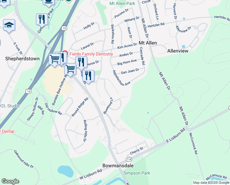 map of restaurants, bars, coffee shops, grocery stores, and more near 24 Pine Tree Drive in Mechanicsburg