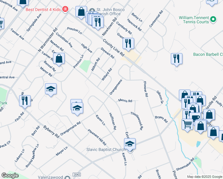 map of restaurants, bars, coffee shops, grocery stores, and more near 4216 Orangemans Road in Hatboro