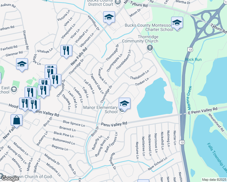 map of restaurants, bars, coffee shops, grocery stores, and more near 17 Twisting Lane in Levittown