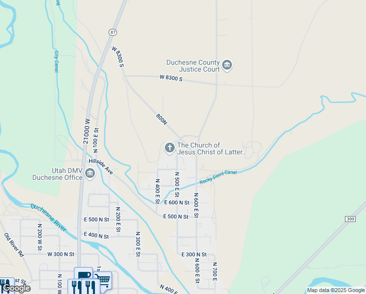 map of restaurants, bars, coffee shops, grocery stores, and more near 920 North 500 East Street in Duchesne