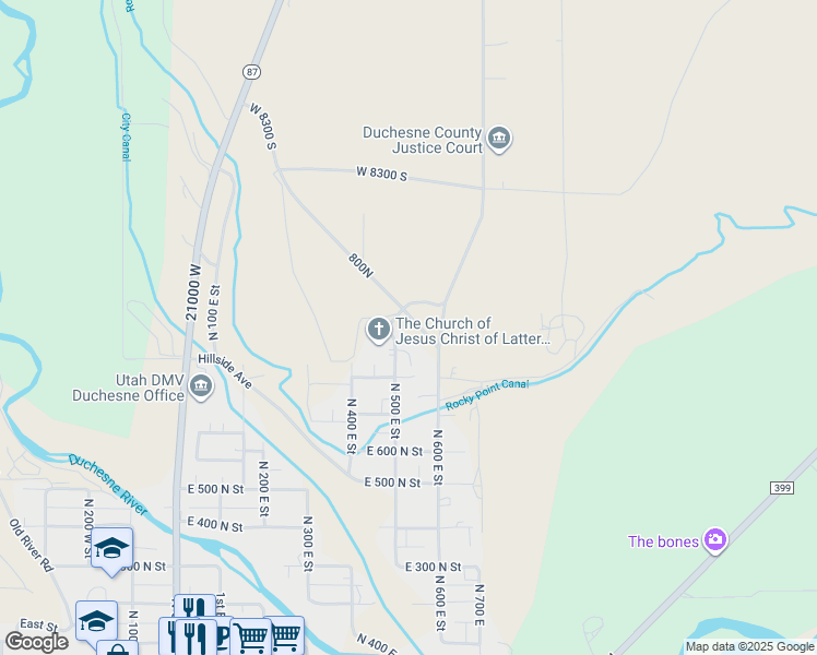 map of restaurants, bars, coffee shops, grocery stores, and more near 933 North Workman Drive in Duchesne