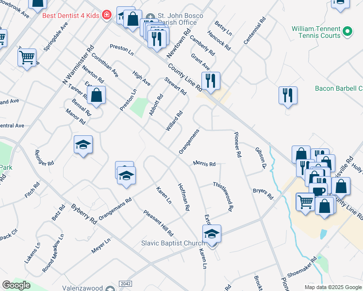 map of restaurants, bars, coffee shops, grocery stores, and more near 4216 Orangemans Road in Hatboro