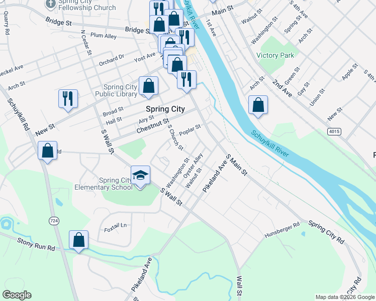 map of restaurants, bars, coffee shops, grocery stores, and more near 287 South Church Street in Spring City