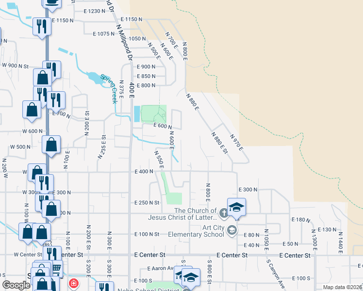 map of restaurants, bars, coffee shops, grocery stores, and more near 616 East 600 North in Springville