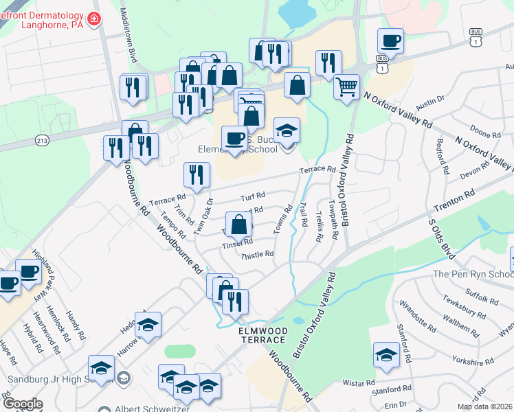 map of restaurants, bars, coffee shops, grocery stores, and more near 36 Turf Road in Levittown