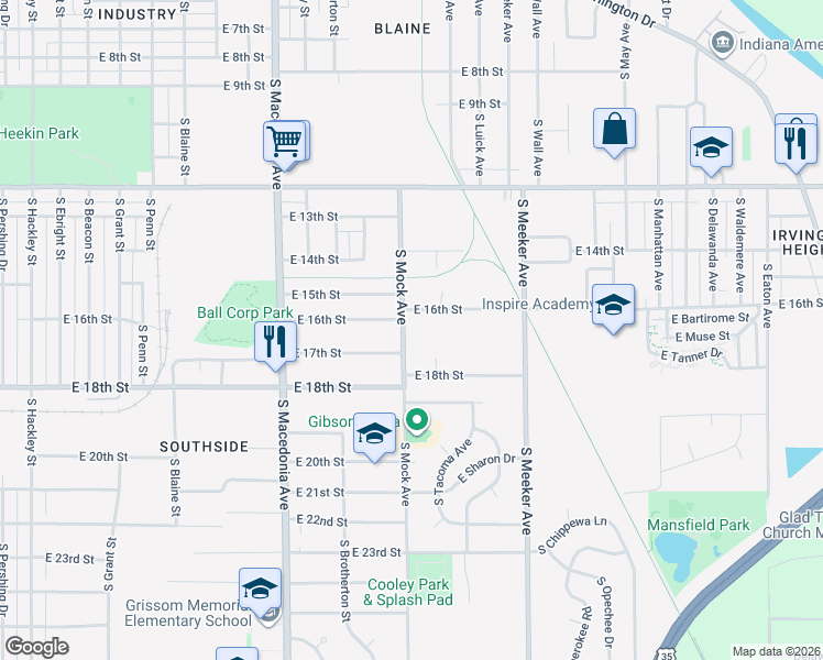 map of restaurants, bars, coffee shops, grocery stores, and more near 2306 South Mock Avenue in Muncie