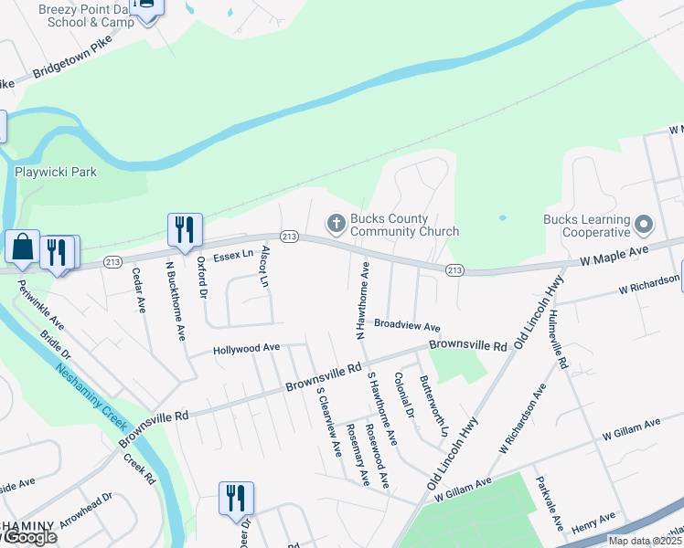 map of restaurants, bars, coffee shops, grocery stores, and more near 276 Ash Avenue in Langhorne