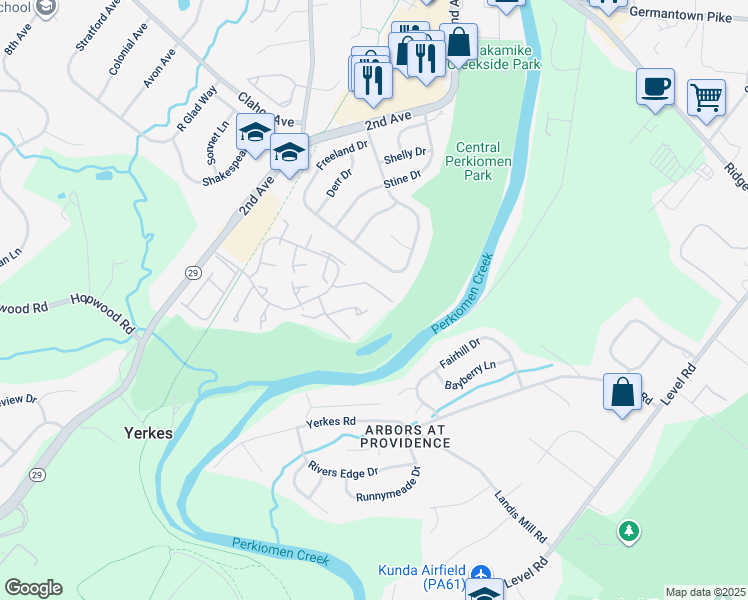 map of restaurants, bars, coffee shops, grocery stores, and more near 122 Larchwood Court in Collegeville